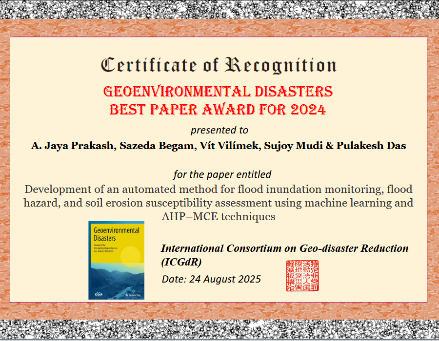 Best Paper Award v časopise Geoenvironmental Disasters pro článek prof. Vilímka