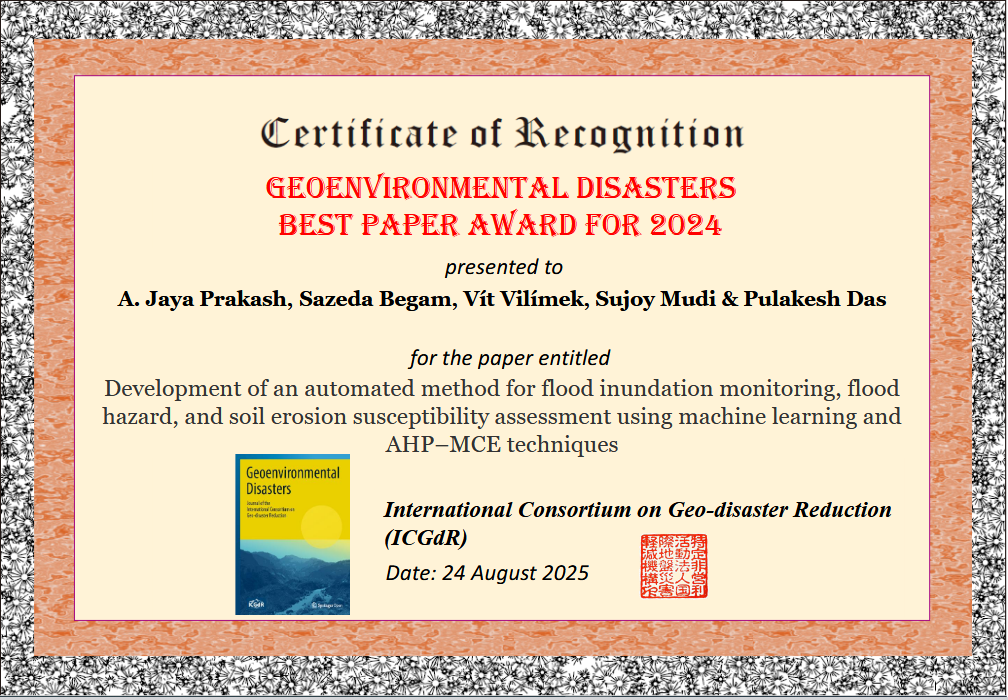 Best Paper Award v časopise Geoenvironmental Disasters pro článek prof. Vilímka